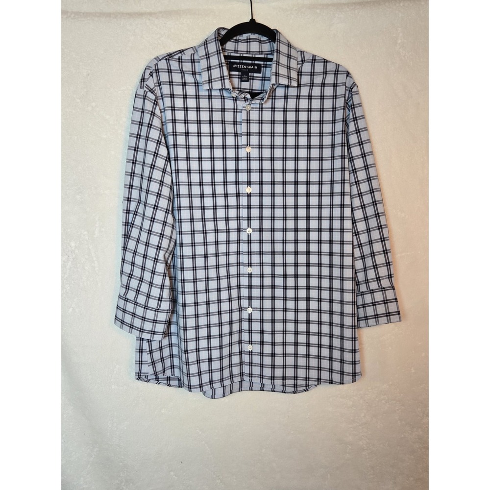 Mizzen +‎ Main Mens Large Leeward Trim Fit  Blue Check Long Sleeve Button Down